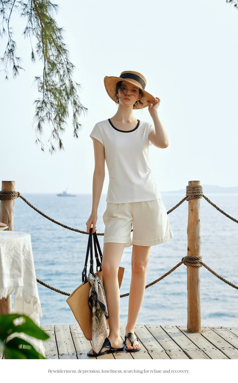 Olrain Eurielle Summer New Pleated Waist Slim Fit Color-Block Round Neck Short Sleeve T-Shirt Women Casual Top White XL 8