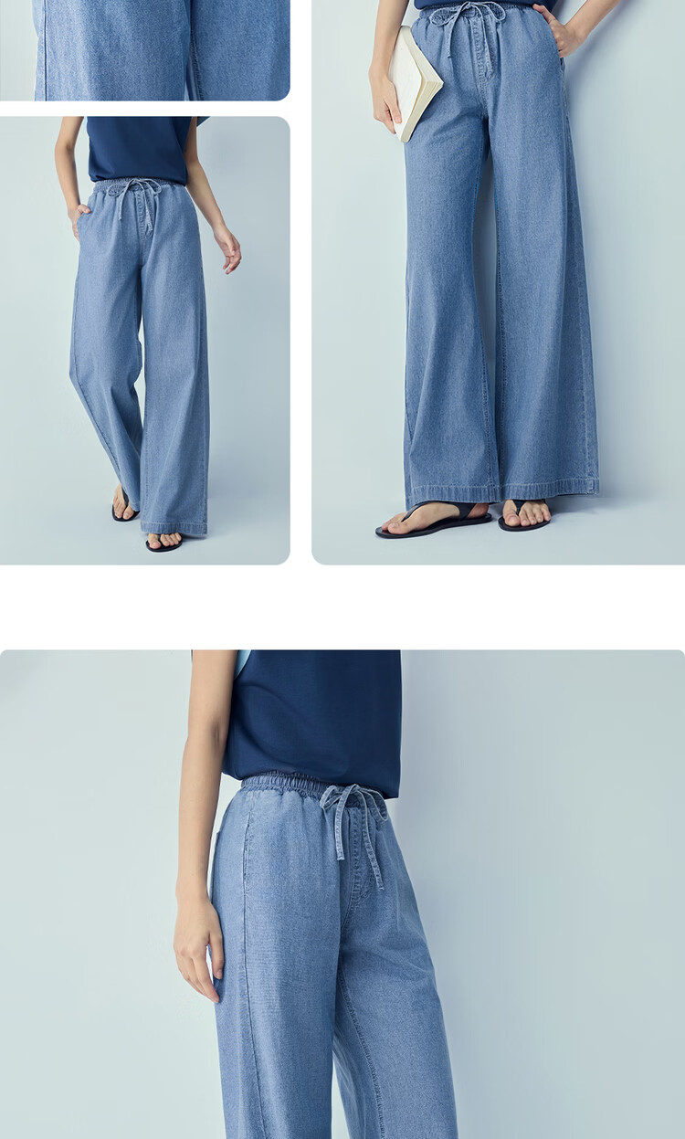 Giordano Women's Loose Fit Pants 2026 Summer Cotton Lightweight Drawstring Elastic Waist Wide Leg Jeans 05416335 15