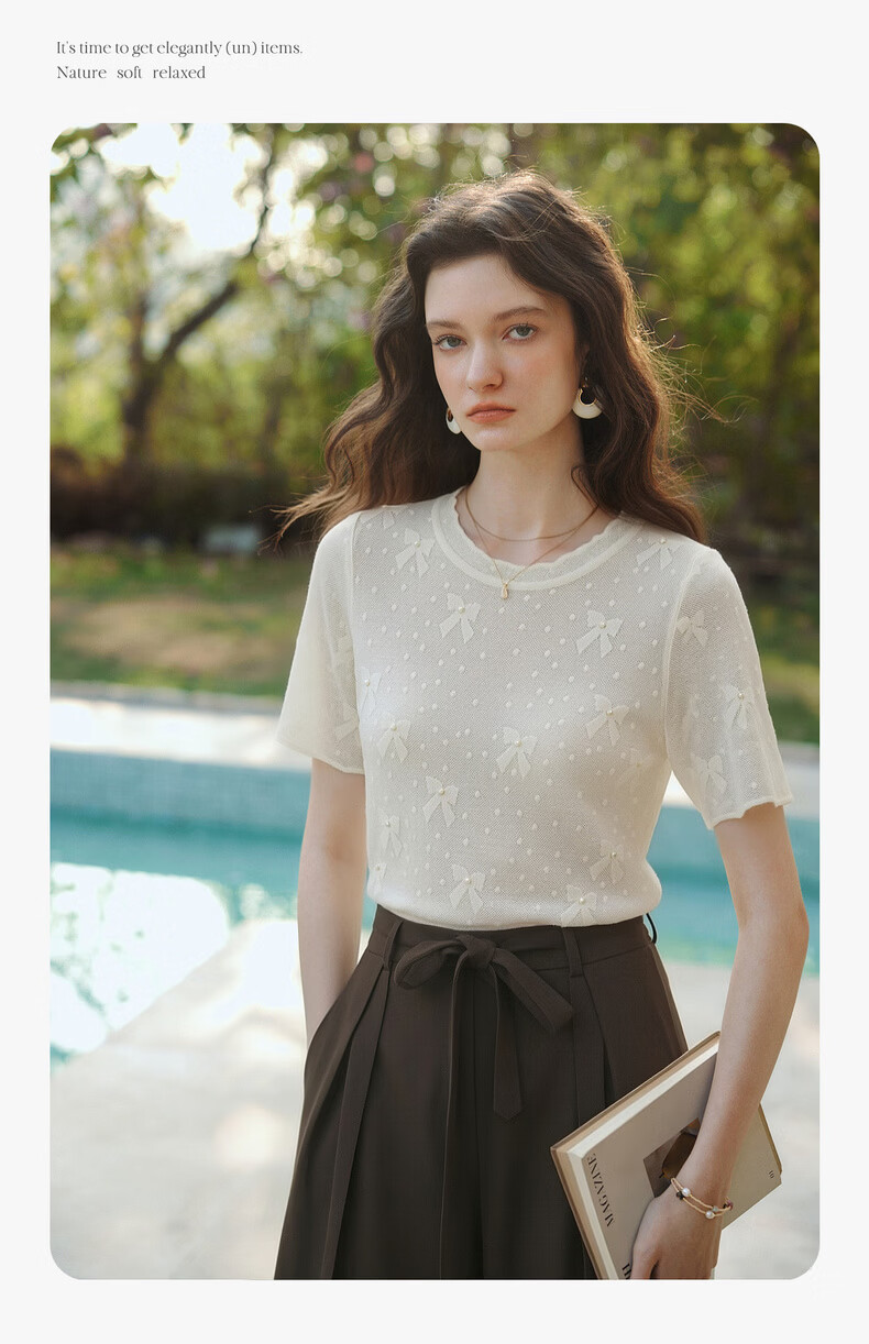 Olrain Summer New Bow Jacquard Pearl Embellished Short Sleeve Knit Top for Women Off-White XL 5