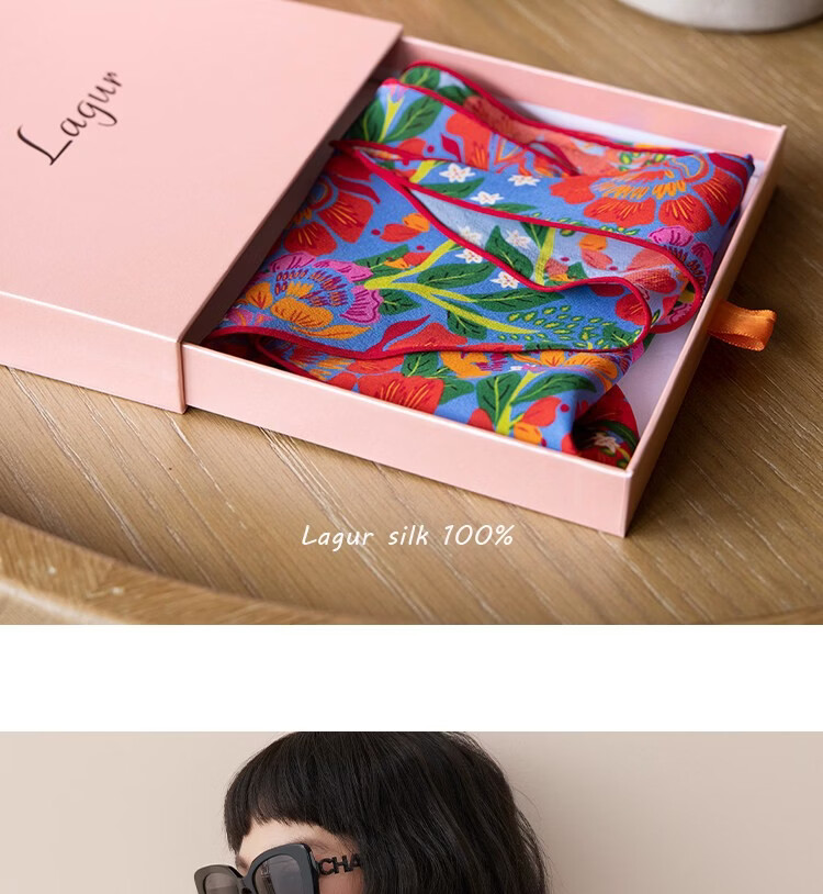 Lagur Rich Eternal 100% Mulberry Silk Original Illustration Scarf Triangle Silk Neck Scarf Gift for Mom Camellia Red 22