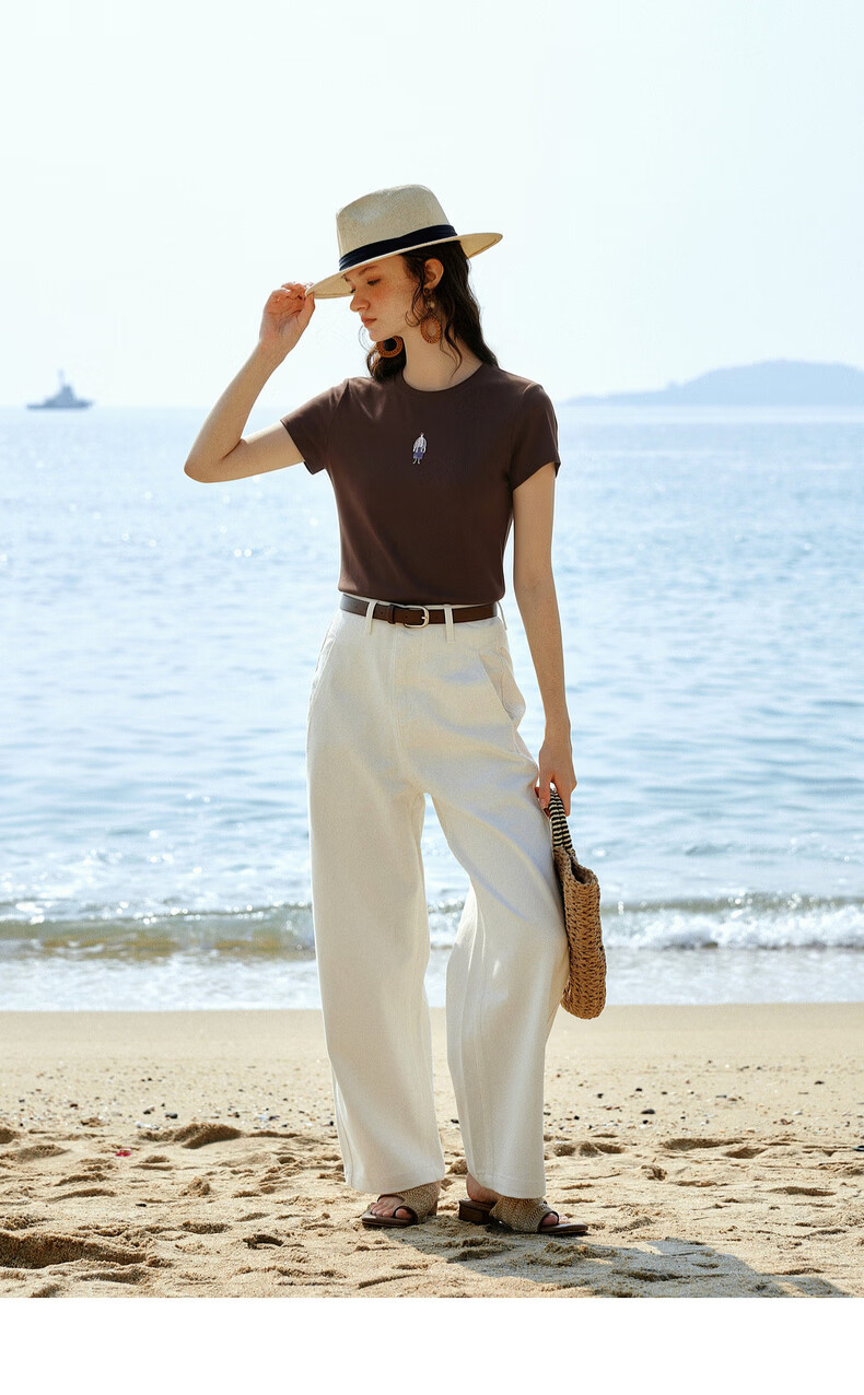 Olrain Summer New Casual Color-Block Heavy Embroidery Ribbed Crew Neck Short Sleeve T-Shirt for Women Brown L 9