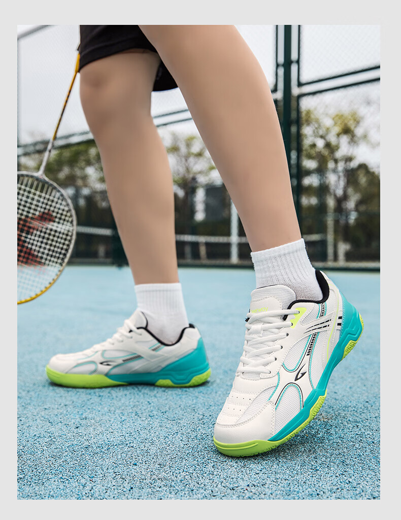 DEERWAY Unisex Badminton Shoes Professional Training Shock Absorption Durable Rubber Soft Sole Sports Shoes White Blue 43 12