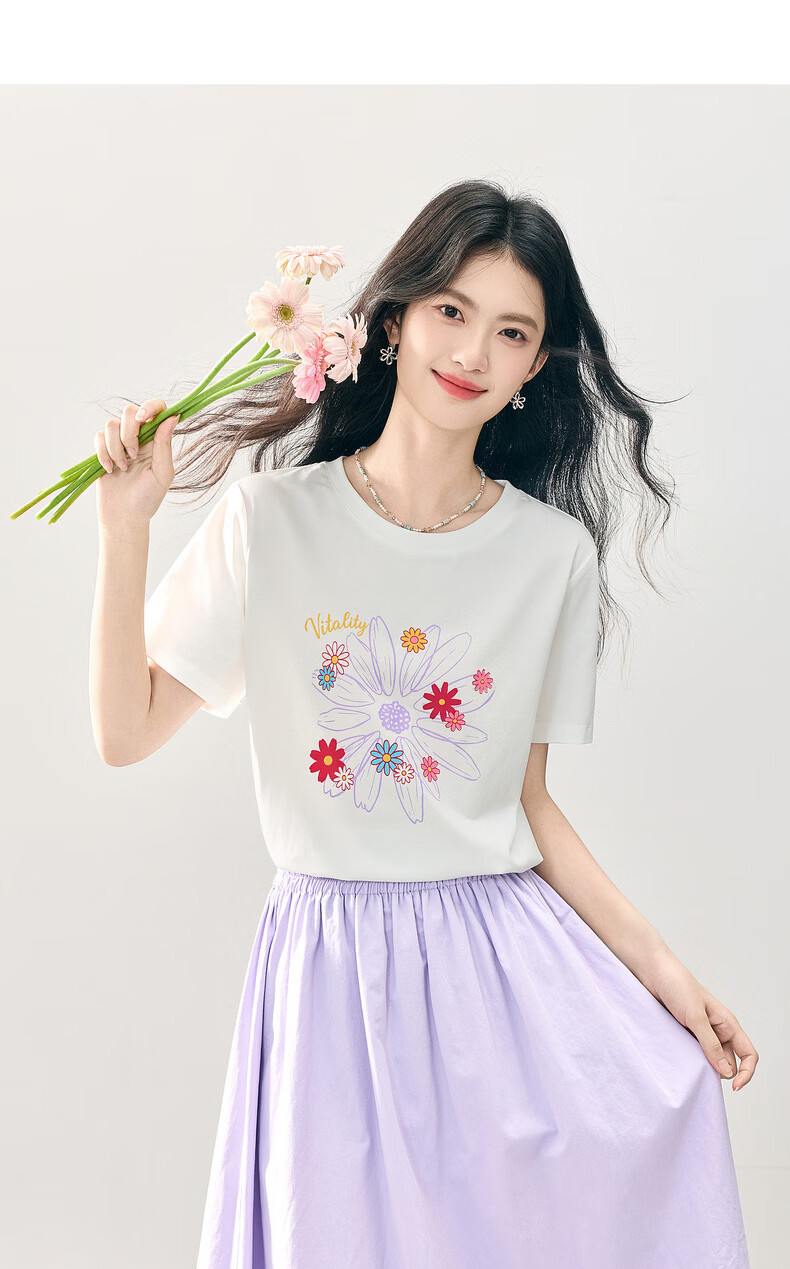 Sllsky Korean Style Floral Print Shoulder T-Shirt Women 2026 Summer New White Round Neck Short Sleeve Top 16