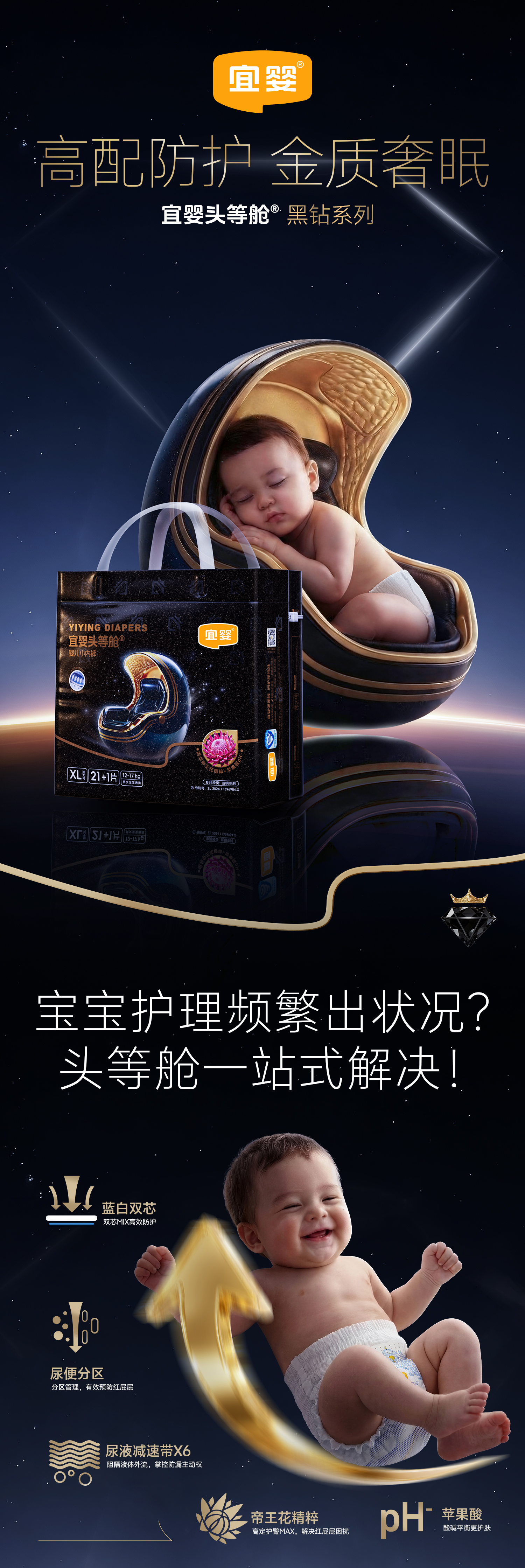 Yiying [All Night Sleep] Black Diamond First-Class Pull-Up Pants Baby Training Pants Diapers Night Use L48 1