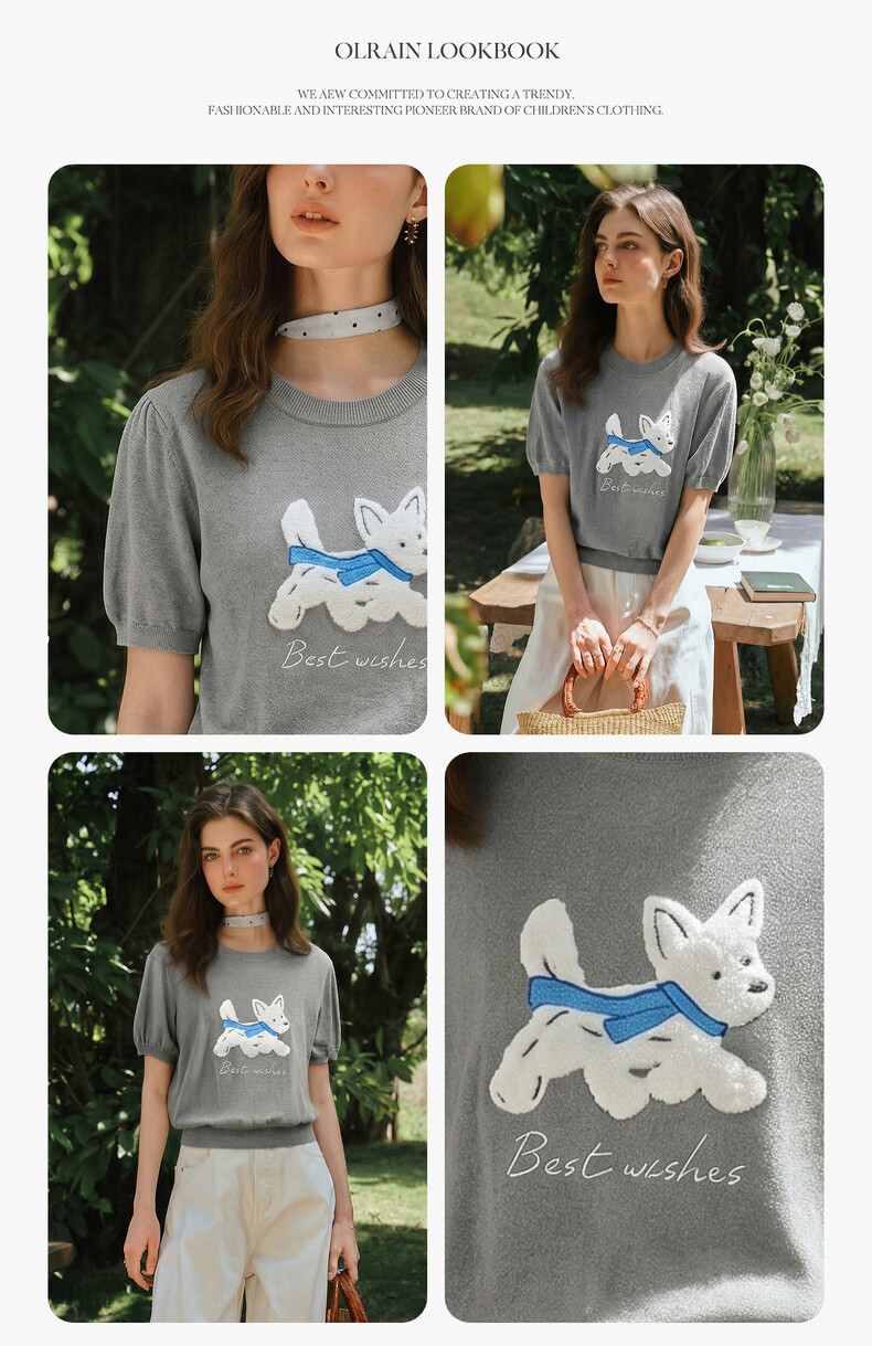 Olrain Eurielle Summer New Jacquard Dog Round Neck Short Sleeve Knit Sweater Women Trendy Casual Top Gray S 6