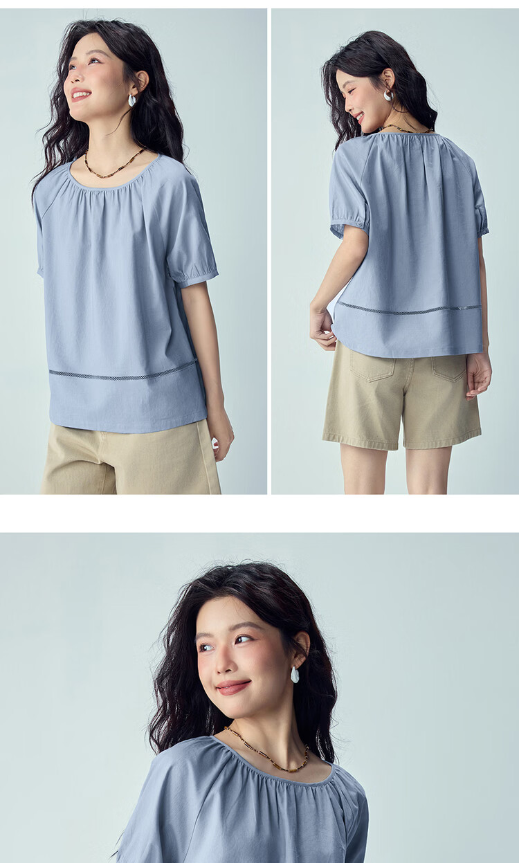 Giordano Women's Summer New Cotton Linen Loose Round Neck Hollow Raglan Short Sleeve Shirt 05346471 14