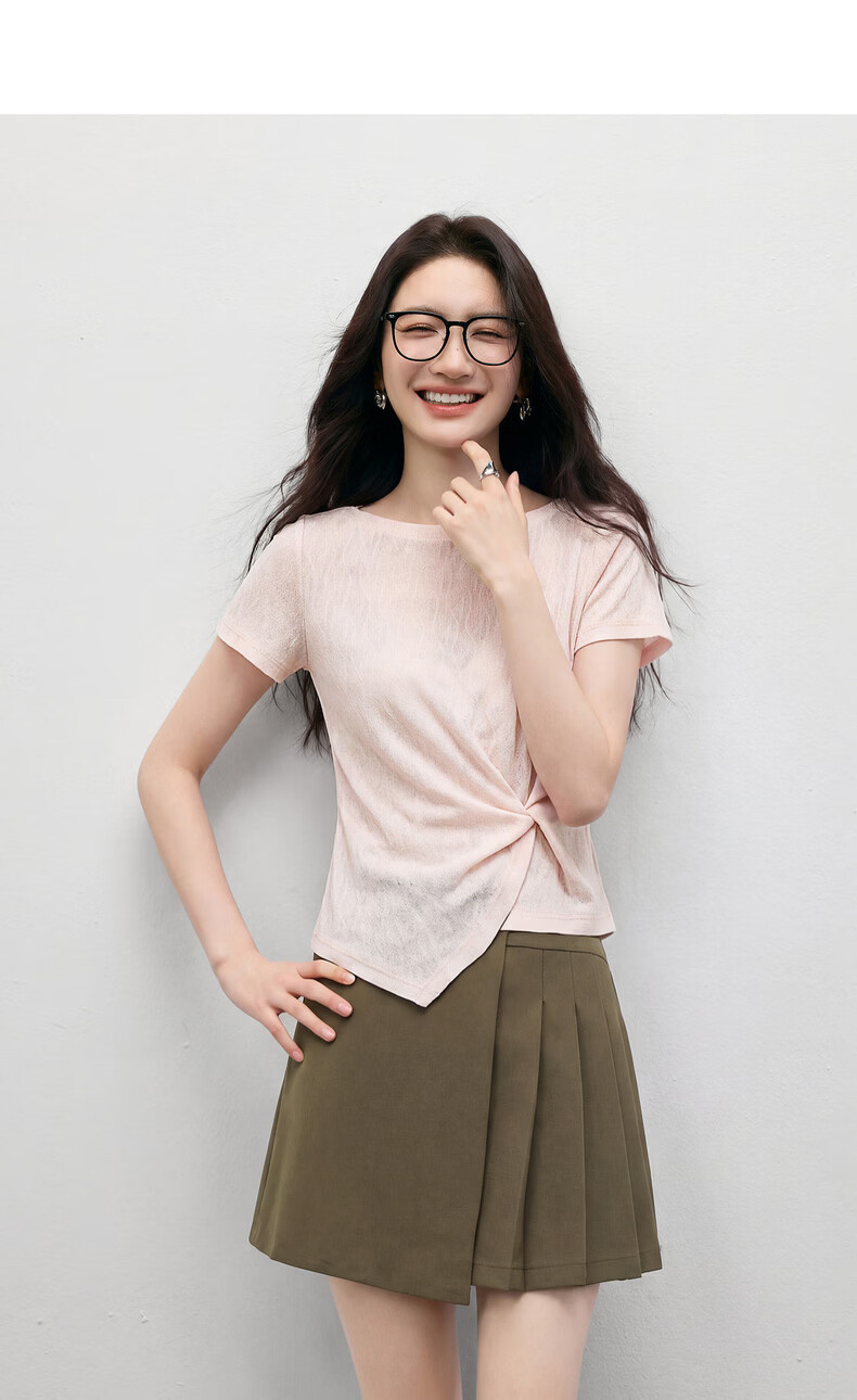 Shangdubila Tailored Twist Fashion T-Shirt Women Summer Off-Shoulder Irregular Slim Fit Stretch Textured Knitwear 8