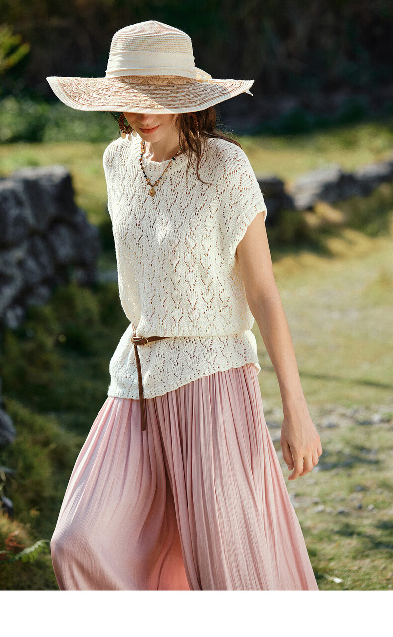 Olrain Summer New Breathable Skin-friendly Hollow Floral Knit Round Neck Short Sleeve Sweater for Women Off-white L 7