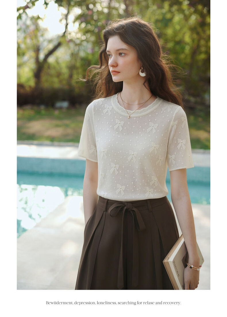 Olrain Summer New Bow Jacquard Pearl Embellished Short Sleeve Knit Top for Women Off-White XL 7