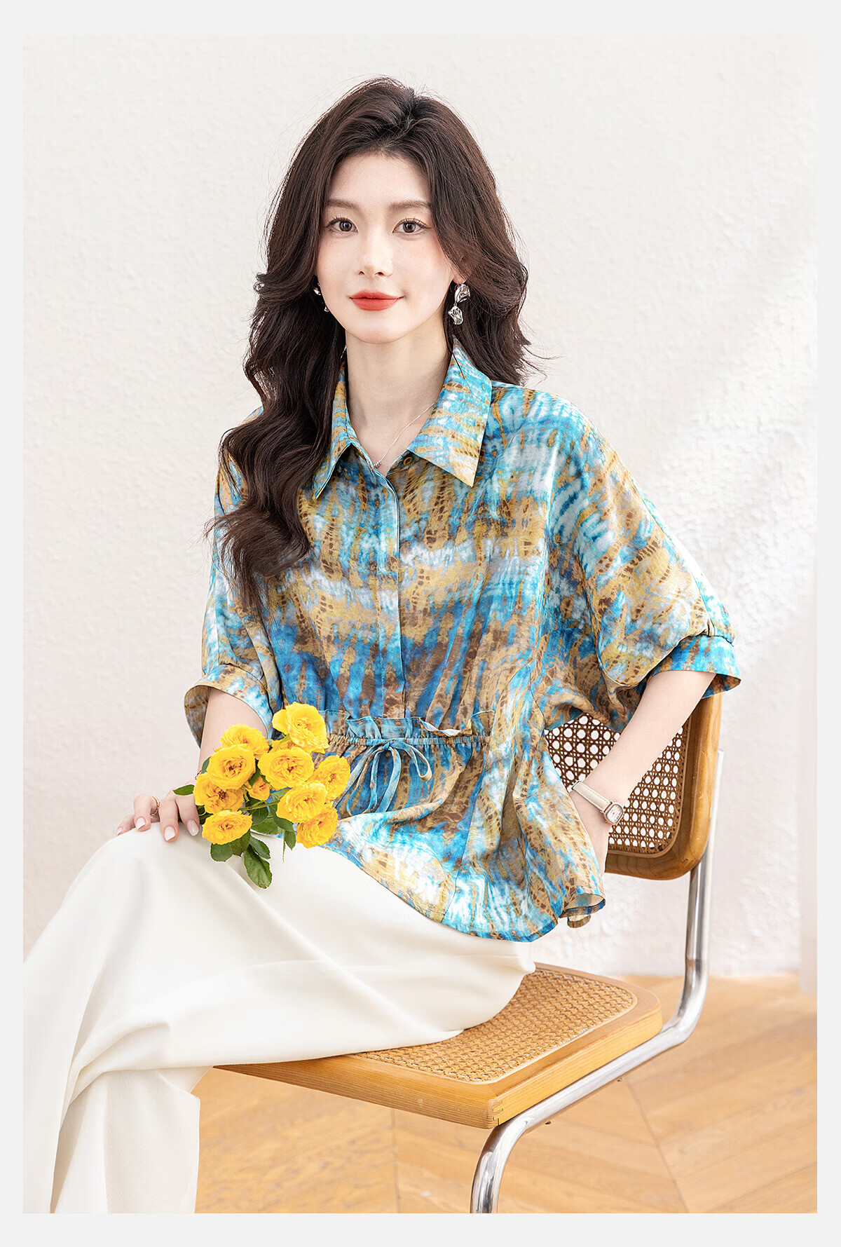 Cypress House Lapel Printed Shirt Women 2026 Summer New Fashionable Elegant Batwing Sleeve Commuter Top 9