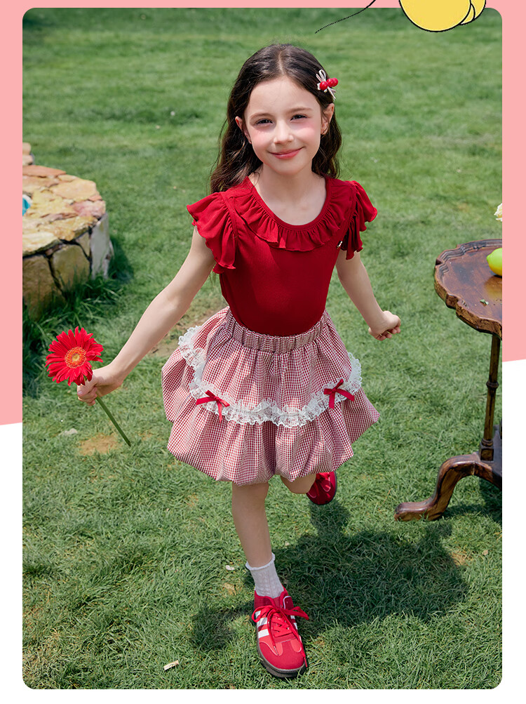 Disney Girls Summer Outfit 2026 New Lace Short Sleeve T-Shirt and Bloomers Skirt Two-Piece Set 15