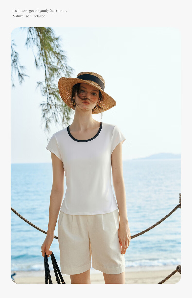 Olrain Eurielle Summer New Pleated Waist Slim Fit Color-Block Round Neck Short Sleeve T-Shirt Women Casual Top White XL 6
