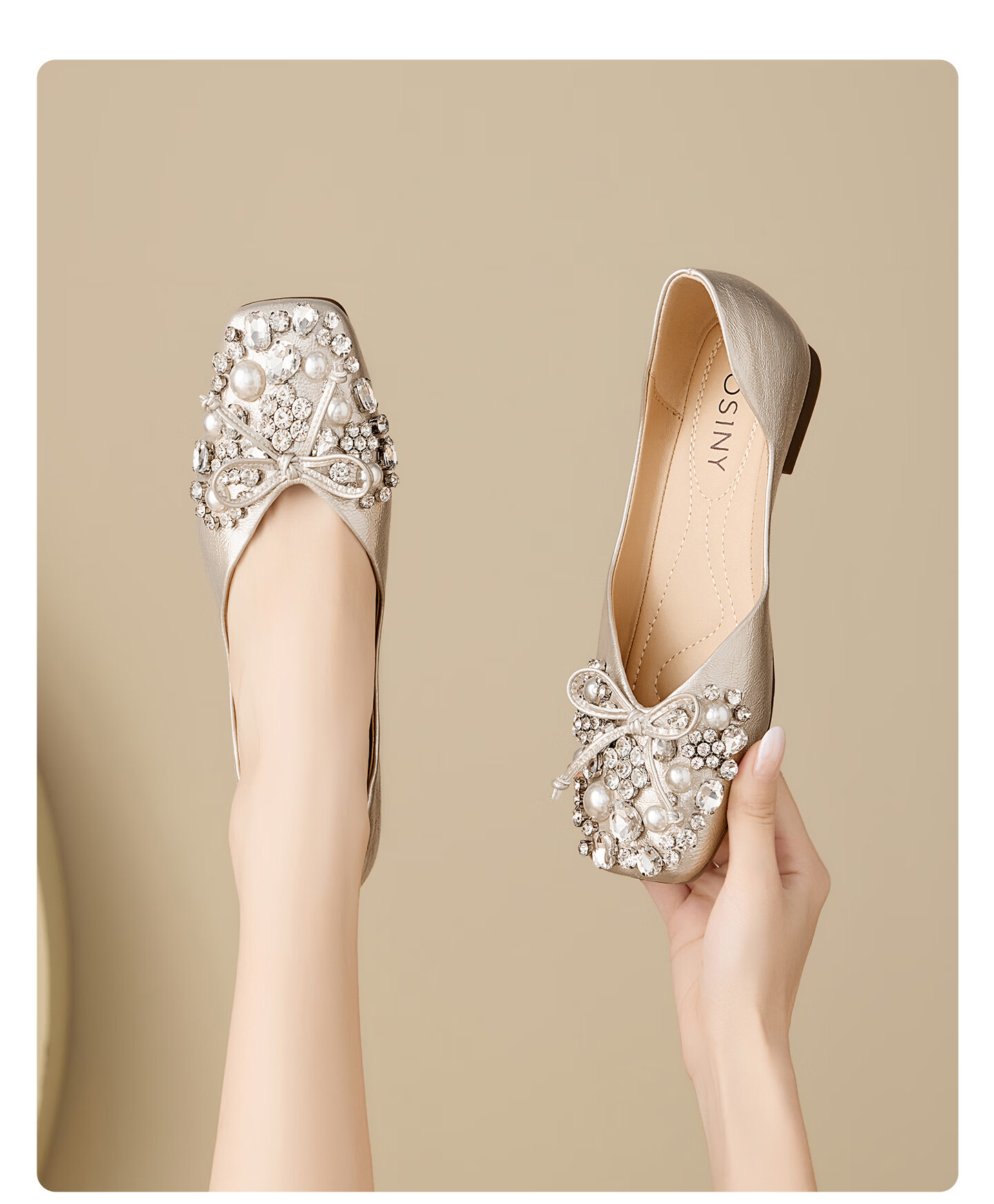 Josiny French Mary Jane Women's Shoes 2026 New Summer Gentle Low-Cut Single Shoes Rhinestone Soft Sole Leather Shoes Champagne Gold Size 37 13