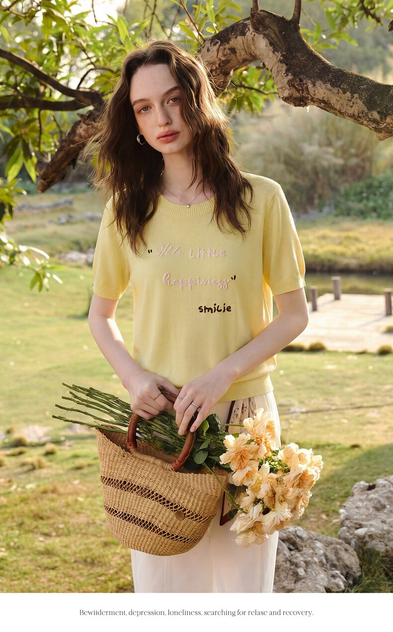 Olrain Summer New Short 3D Letter Embroidered Crew Neck Short Sleeve Knit Top for Women Yellow S 7