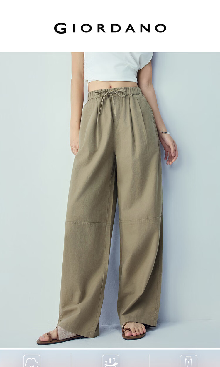 Giordano Women's Summer Linen Pants Cotton Linen Elastic Waist Loose Straight Casual Trousers 05416311 3