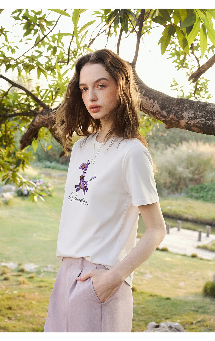 Olrain Women's Casual Commuter Cotton Short Sleeve T-Shirt with Pony Print Summer New Round Neck Top Black L 26