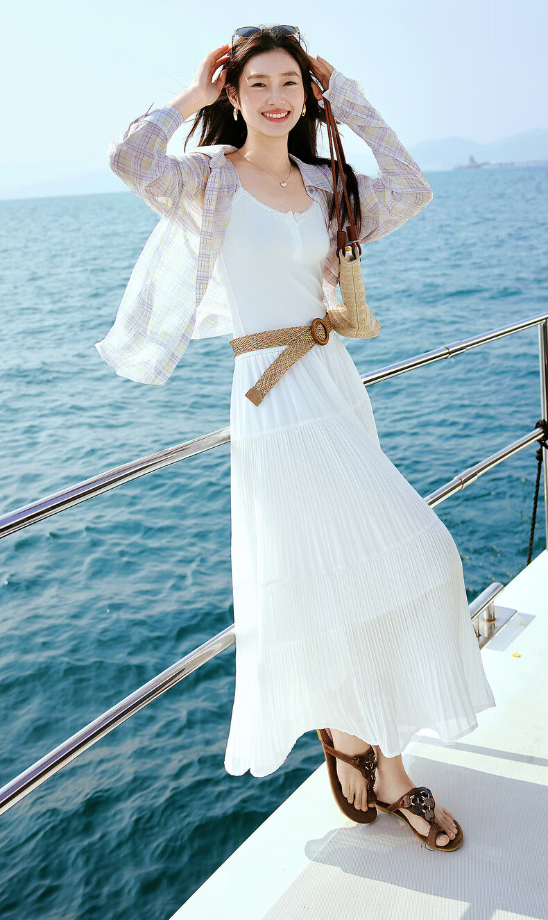 Sllsky Bohemian Chiffon Pleated Midi Skirt Women Summer Lightweight Beach Vacation A-Line Cake Skirt 5