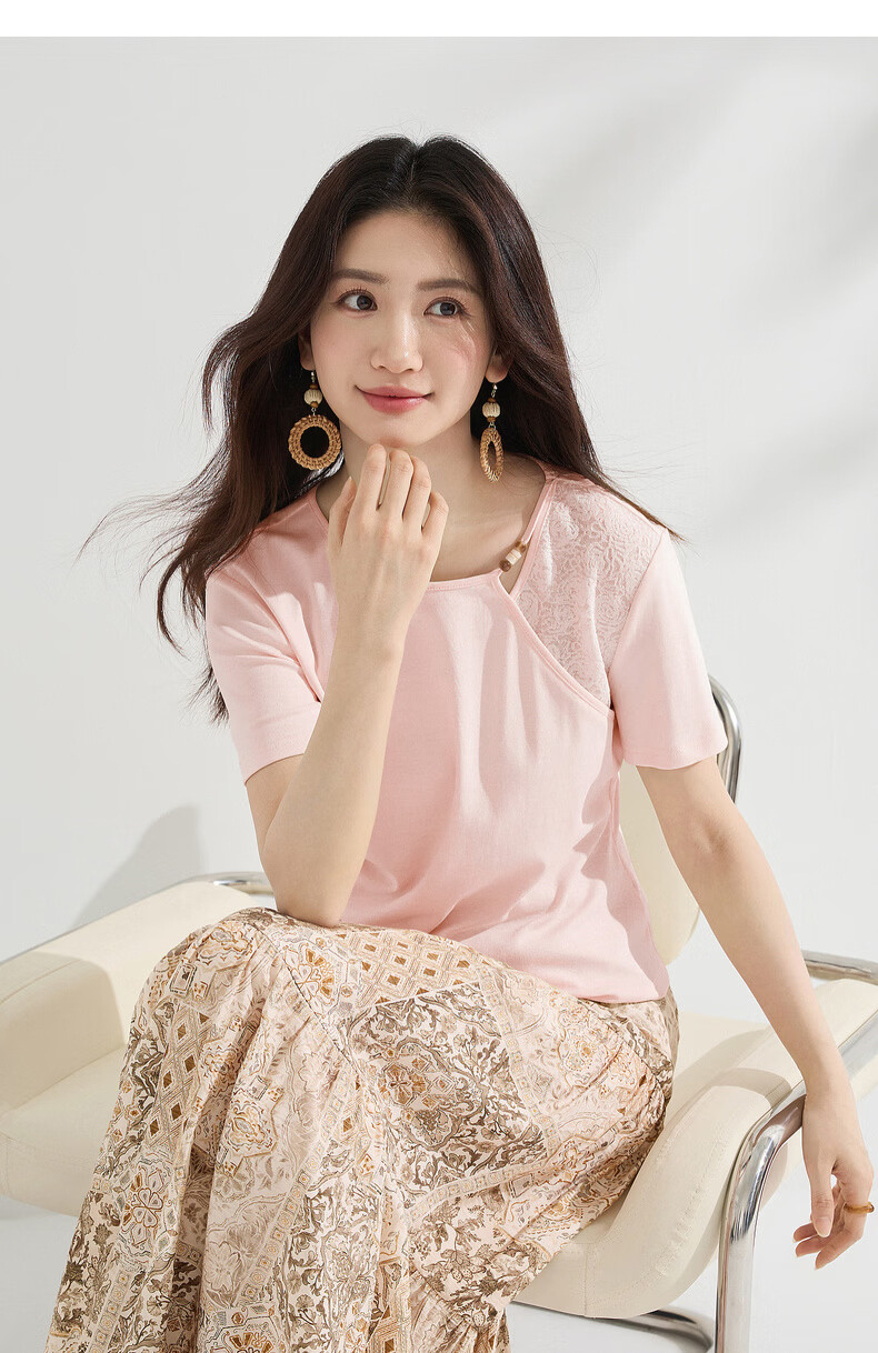 Shangdu Bila Gentle Elegant Cotton Blend T-Shirt Women Summer Beaded Round Neck Lace Splice Stretch Knit Short Sleeve Top 24