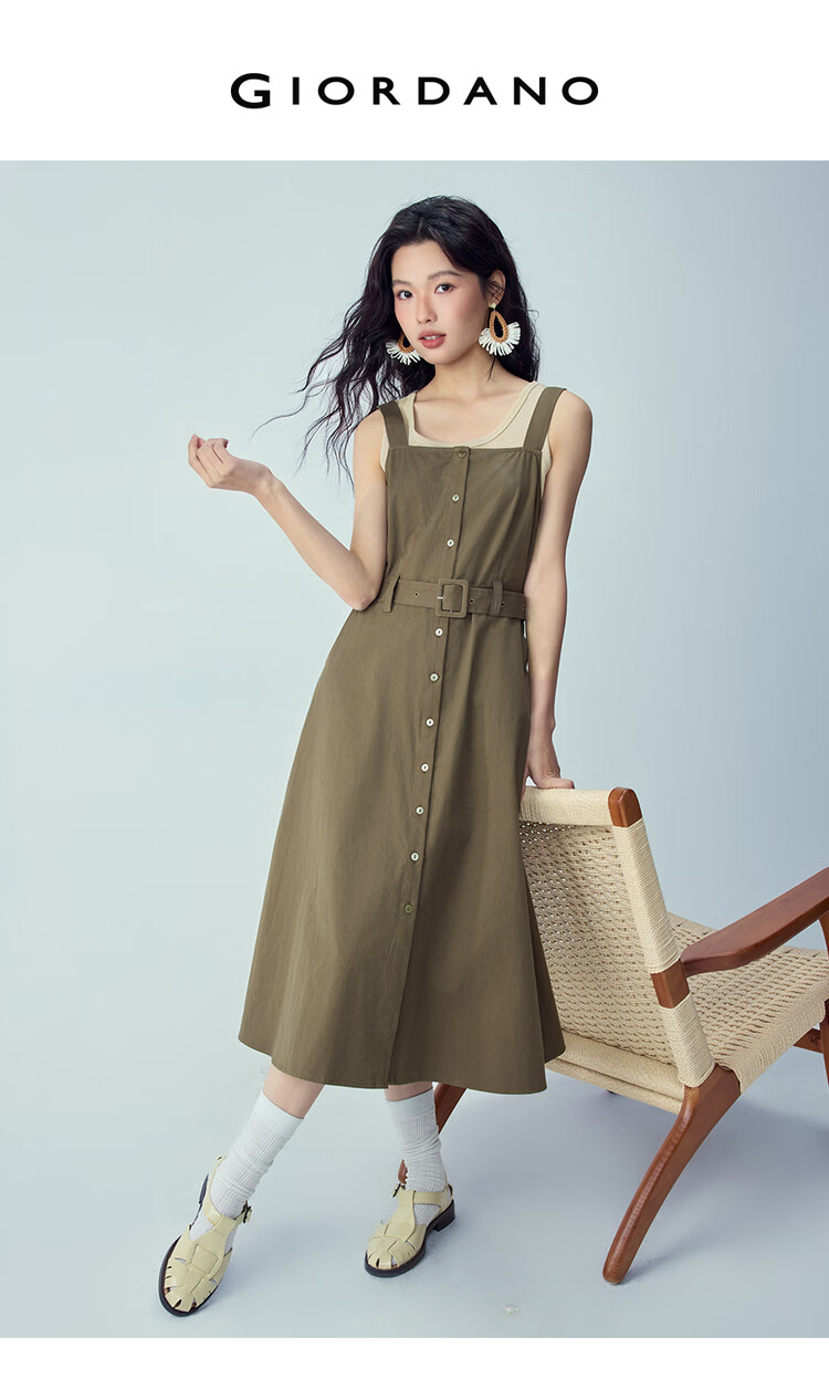 Giordano Women's Sleeveless Dress 2026 Summer Pure Cotton Strap Dress with Belt Square Neck Strap Dress 13466233 3