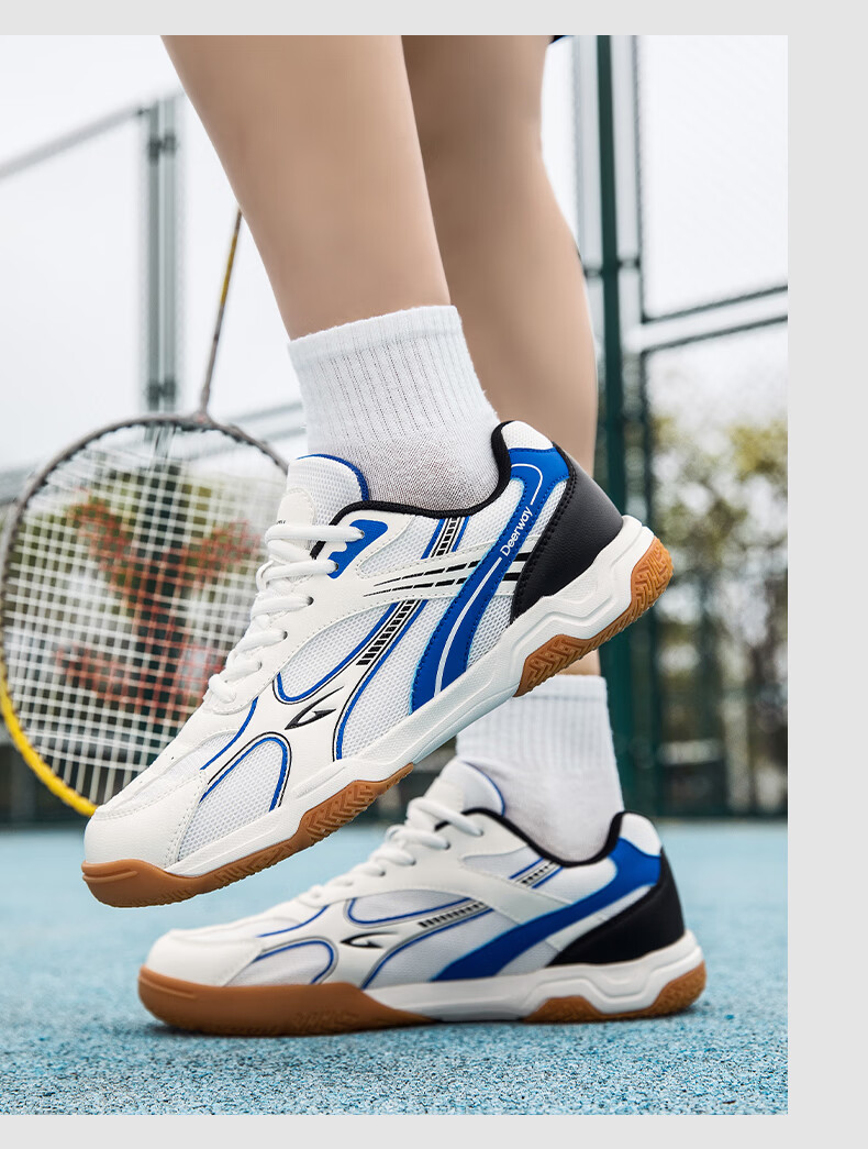 DEERWAY Unisex Badminton Shoes Professional Training Shock Absorption Durable Rubber Soft Sole Sports Shoes White Blue 43 6