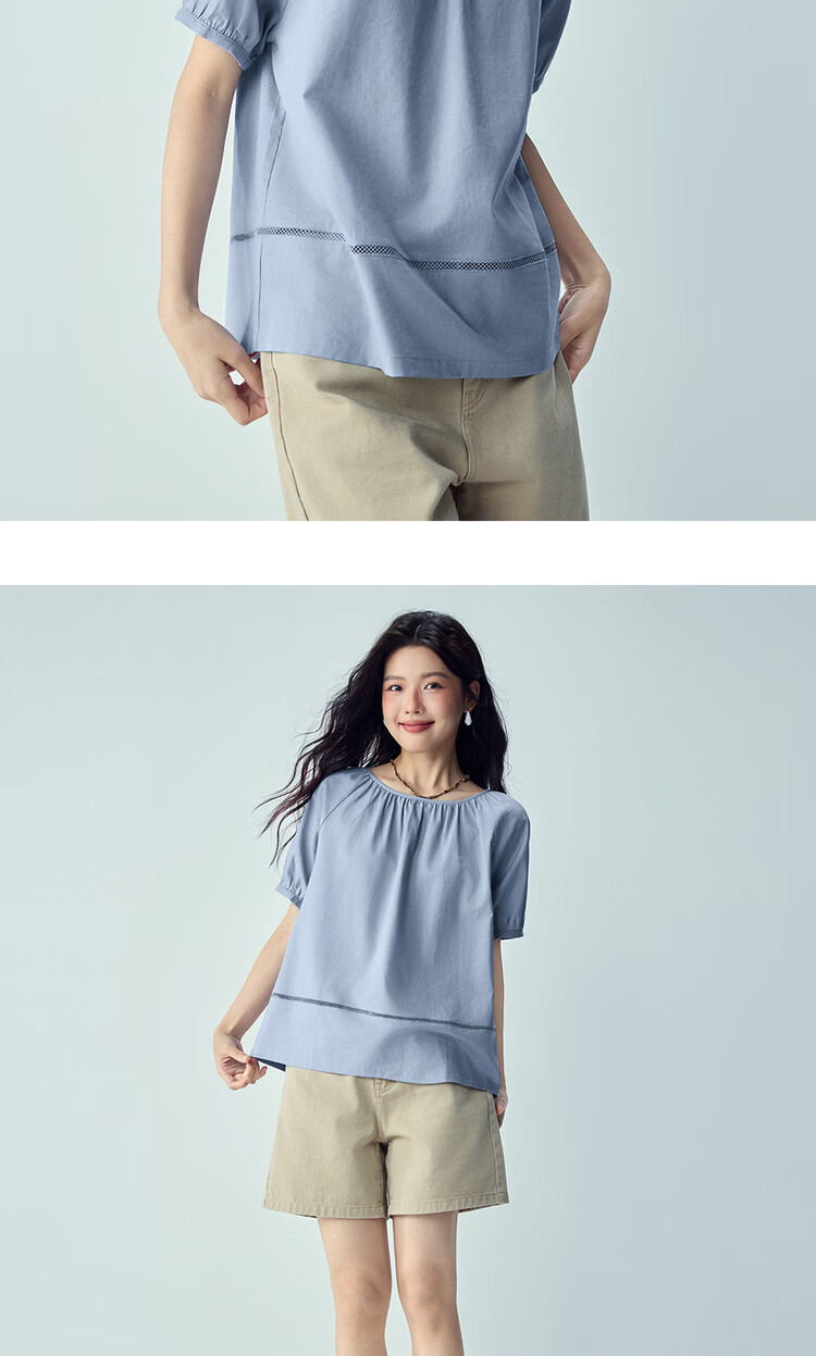 Giordano Women's Summer New Cotton Linen Loose Round Neck Hollow Raglan Short Sleeve Shirt 05346471 15