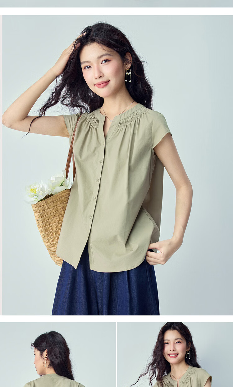 Giordano Women's Summer New Pure Cotton Loose V-Neck Short Sleeve Shirt with Small Flying Sleeves 05346490 13