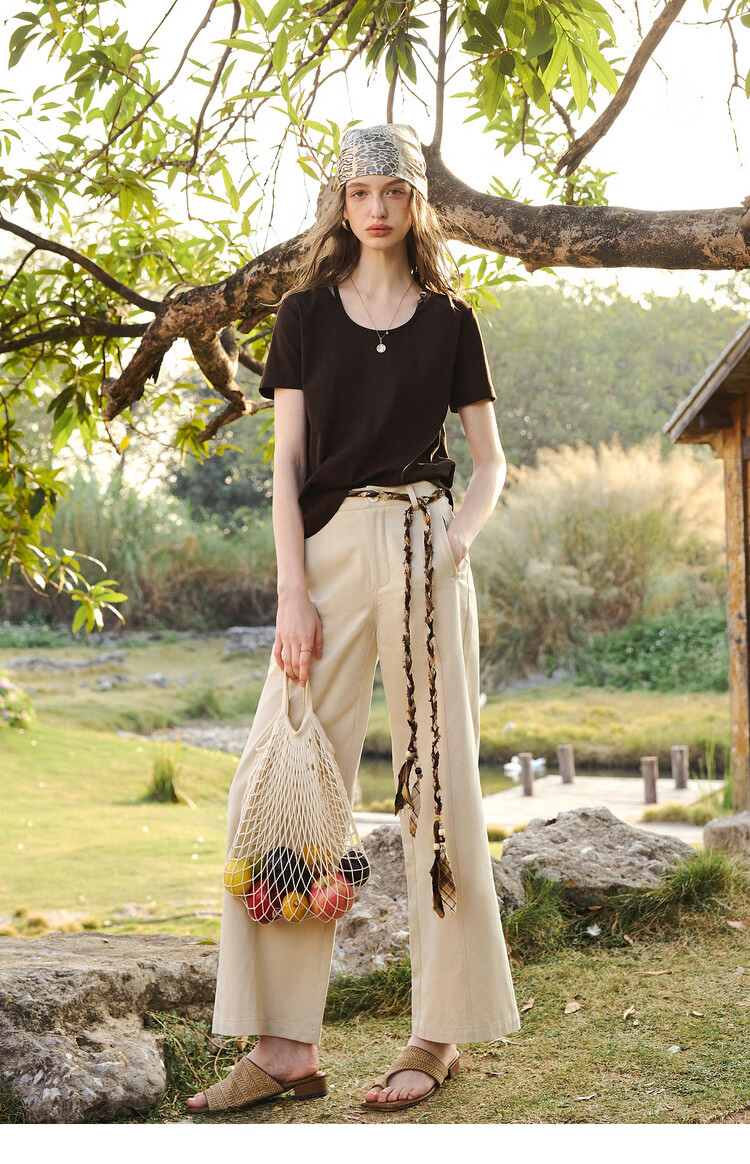 Olrain Eurier Round Neck Beaded Fitted Short Sleeve T-Shirt Women's Summer New Casual Trendy Top Brown S 15