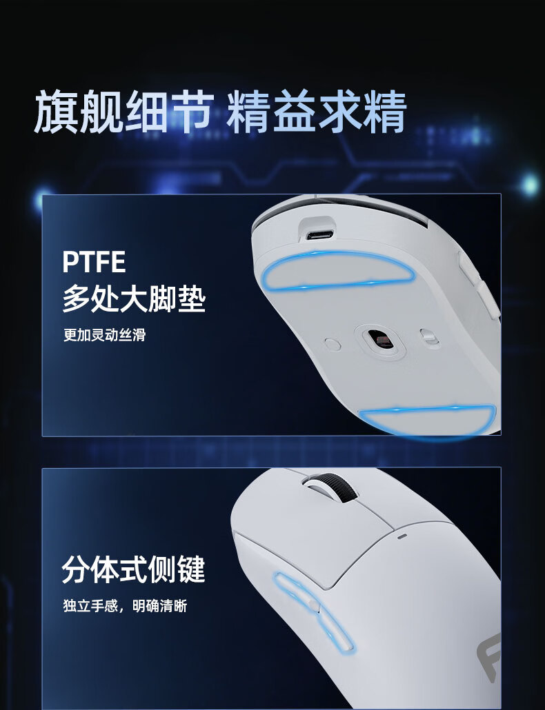 Founder Tri-Mode Gaming Mouse Wired/2.4G/Bluetooth 60G Ultra-Lightweight Feel Small to Medium Hand S205 Esports Chip All-Purpose Gaming Office Mouse G980 Pure White 7