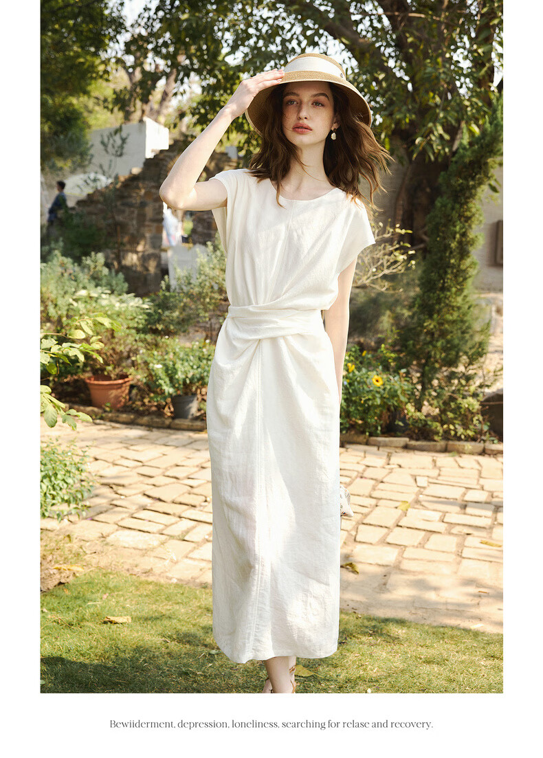 Olrain Lyocell Linen | Olrain Summer Women's Dress French Style Tie Dress Off-White L 11