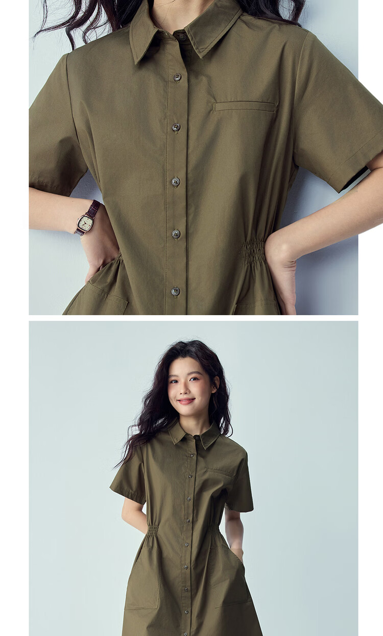 Giordano Women's New Pure Cotton Commuter Shirt Dress Pleated Waist Tucked Lapel Short Sleeve Dress 05466341 13