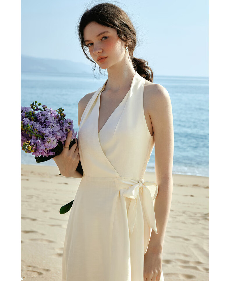 Olrain French Style Halter V-Neck Adjustable Waist Tie Mid-Length Dress for Women Summer Apricot M 13