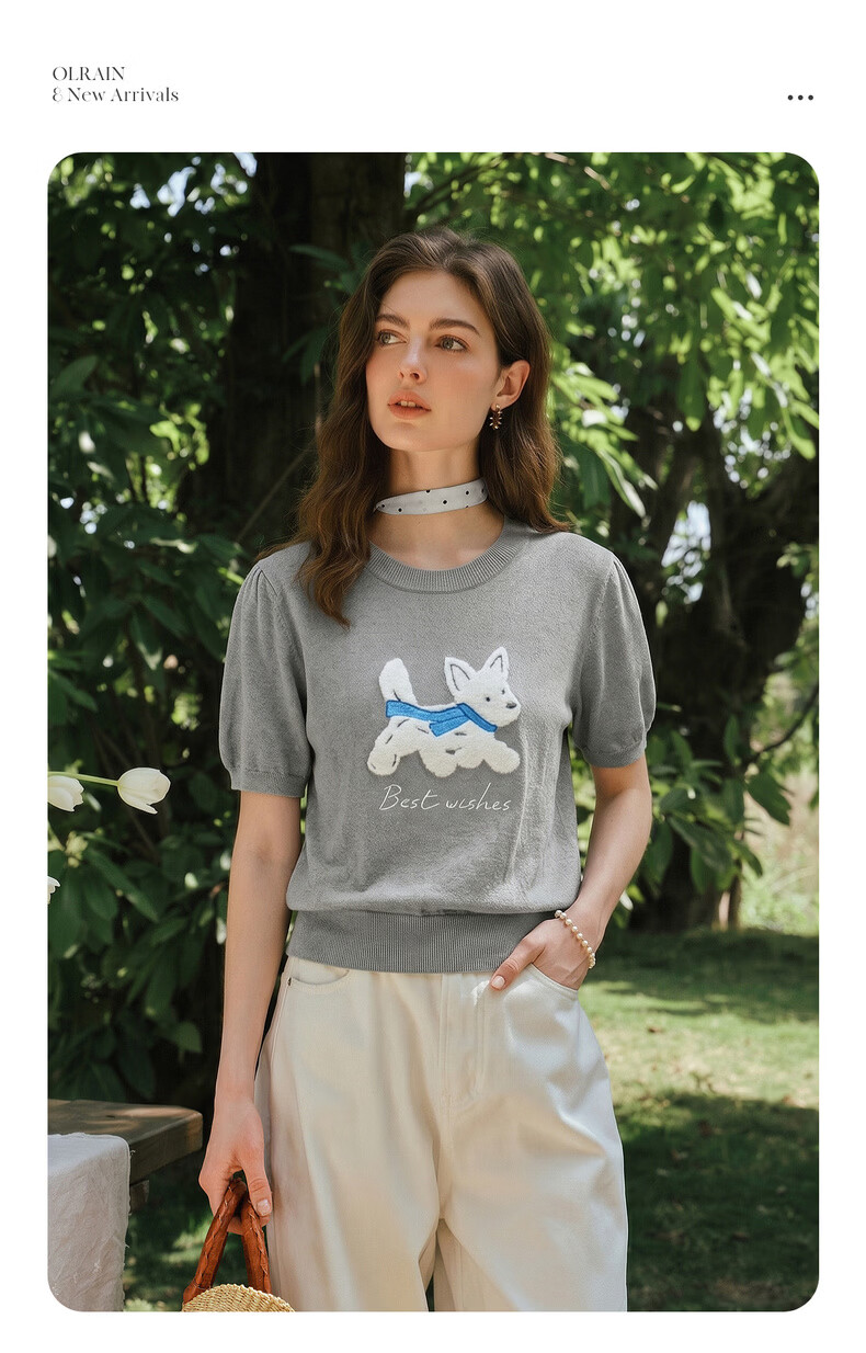 Olrain Eurielle Summer New Jacquard Dog Round Neck Short Sleeve Knit Sweater Women Trendy Casual Top Gray S 2