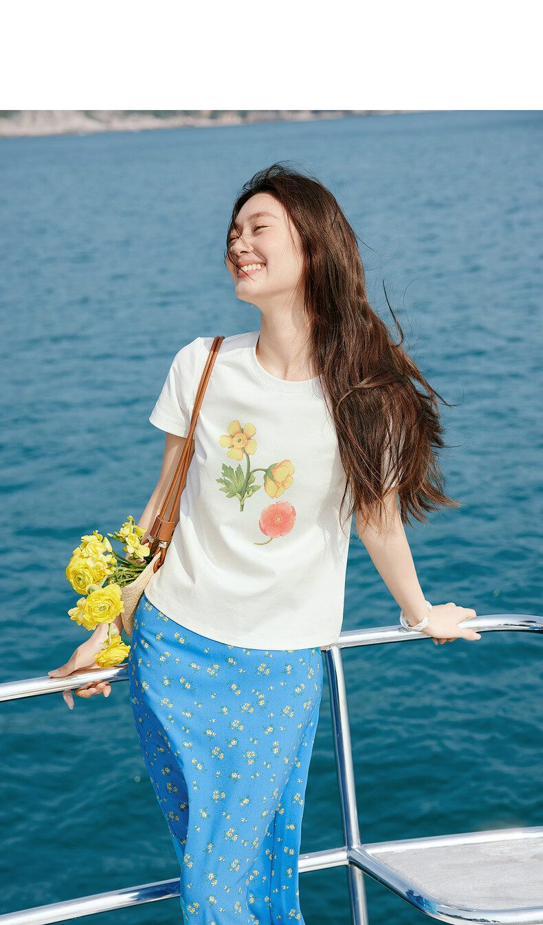 Sllsky Korean Style Floral Print Short Sleeve T-Shirt for Women 2026 Summer New Versatile Youthful Cropped Top 19