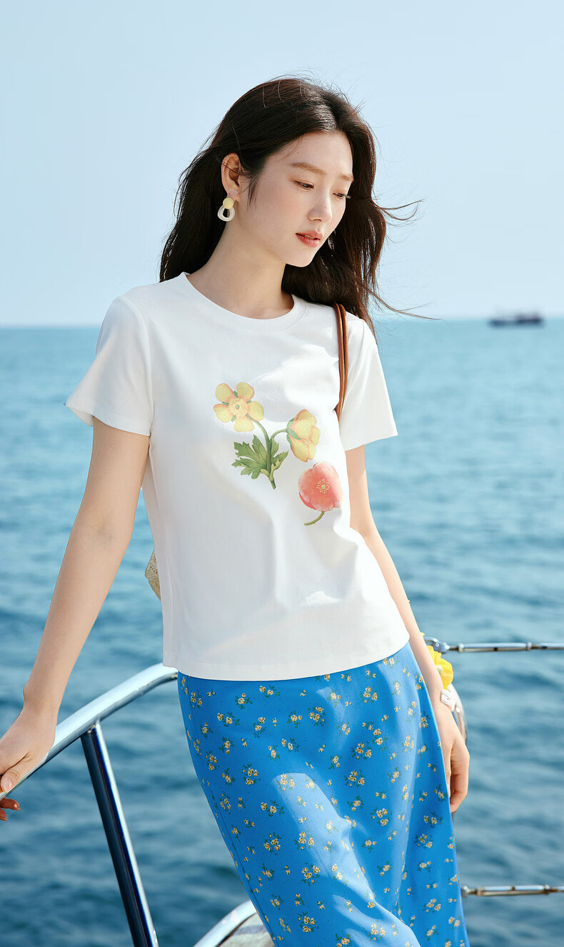 Sllsky Korean Style Floral Print Short Sleeve T-Shirt for Women 2026 Summer New Versatile Youthful Cropped Top 2