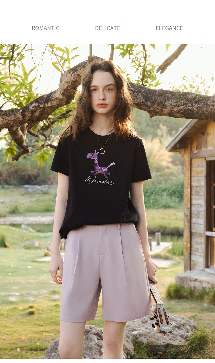Olrain Women's Casual Commuter Cotton Short Sleeve T-Shirt with Pony Print Summer New Round Neck Top Black L 13