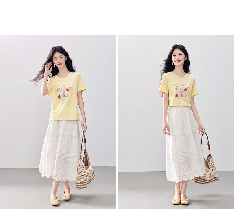 Sllsky Korean Style Floral Print Shoulder T-Shirt Women 2026 Summer New White Round Neck Short Sleeve Top 21