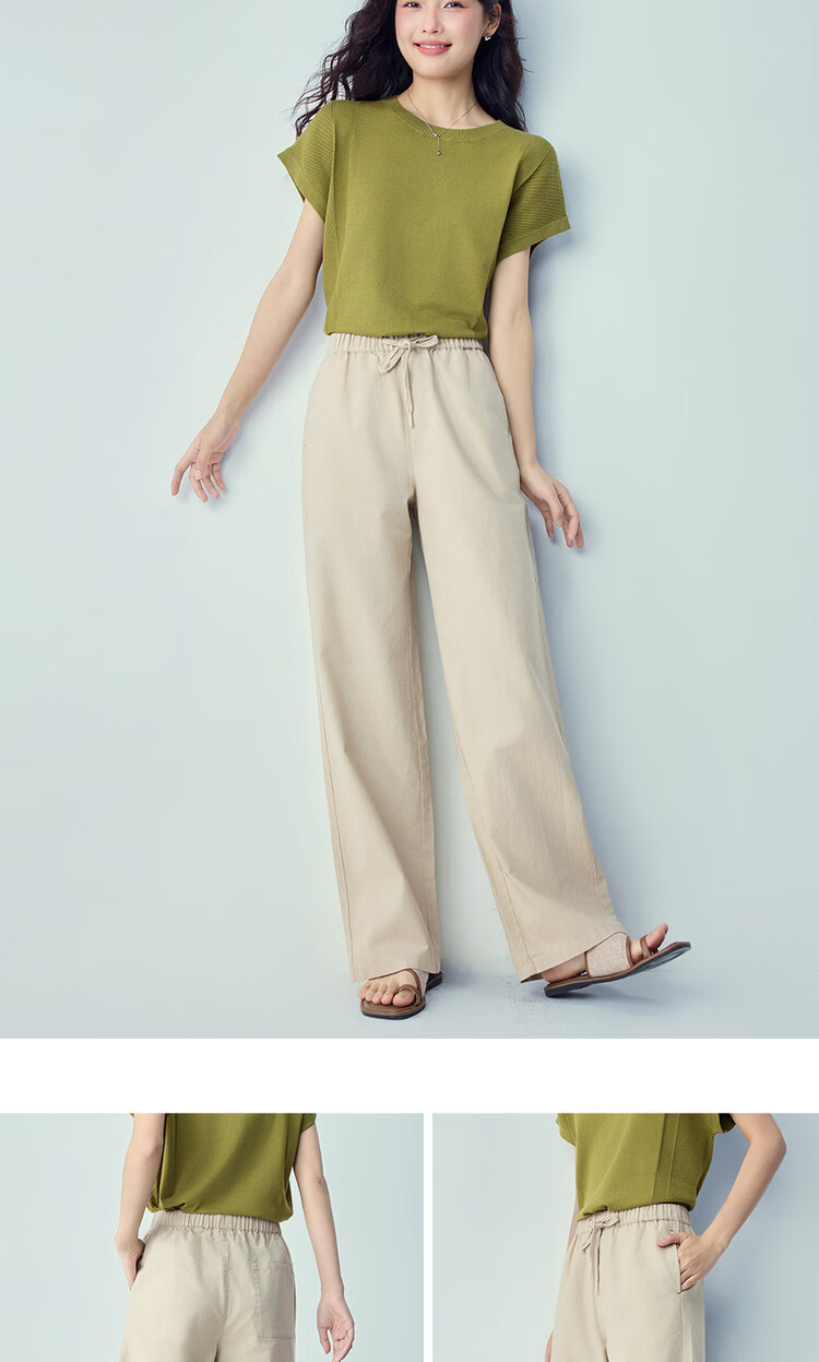 Giordano Women's Linen Pants 2026 Summer New Cotton Linen Drawstring Elastic Waist Straight Casual Trousers 13416307 17