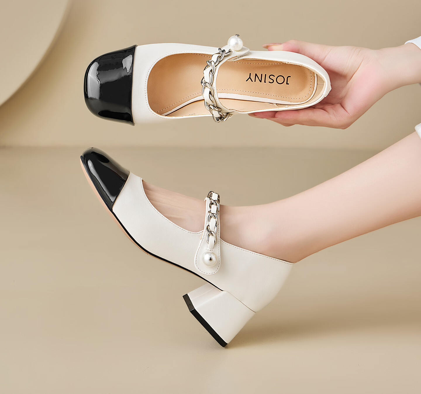 Josiny [Celebrity Style] Little Chanel Style Mary Jane Women's Shoes Spring Round Toe Chunky Heel French Leather Shoes White Size 34 7