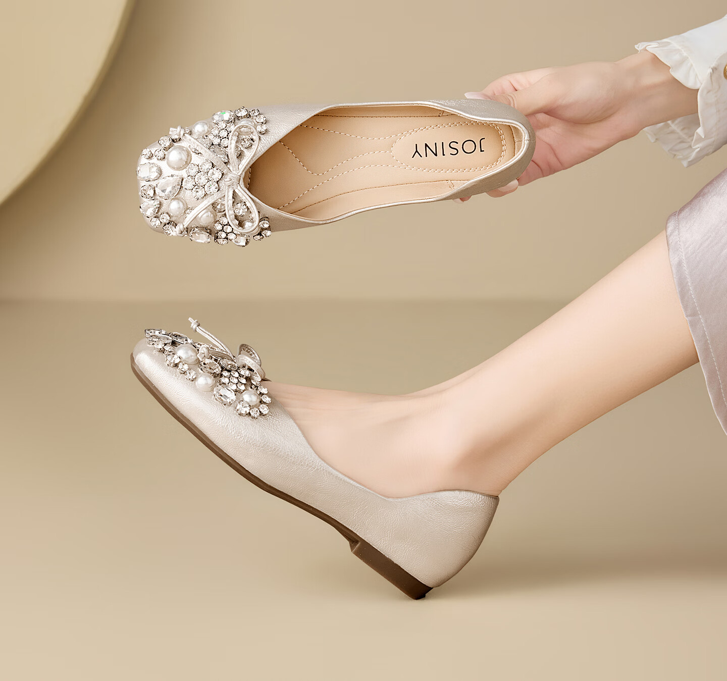 Josiny French Mary Jane Women's Shoes 2026 New Summer Gentle Low-Cut Single Shoes Rhinestone Soft Sole Leather Shoes Champagne Gold Size 37 7