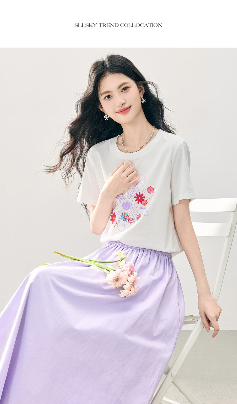 Sllsky Korean Style Floral Print Shoulder T-Shirt Women 2026 Summer New White Round Neck Short Sleeve Top 17