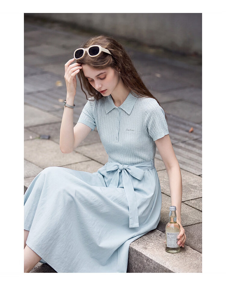 TonLion 2026 Summer New Blue Elegant French Style Dress with Belt for Women 3