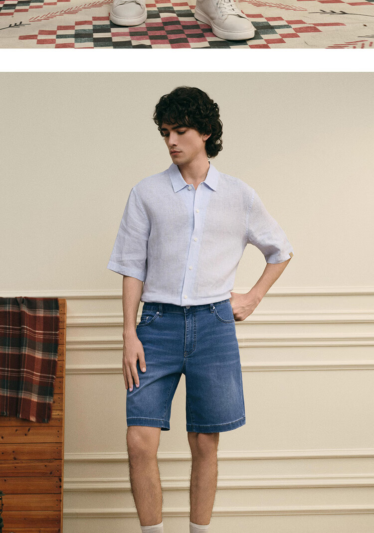 Giordano G+ 2026 Summer New Acetate Cool Feeling Leather Patch Mid-Rise Straight Leg Faded Denim Shorts for Men 01106348 18