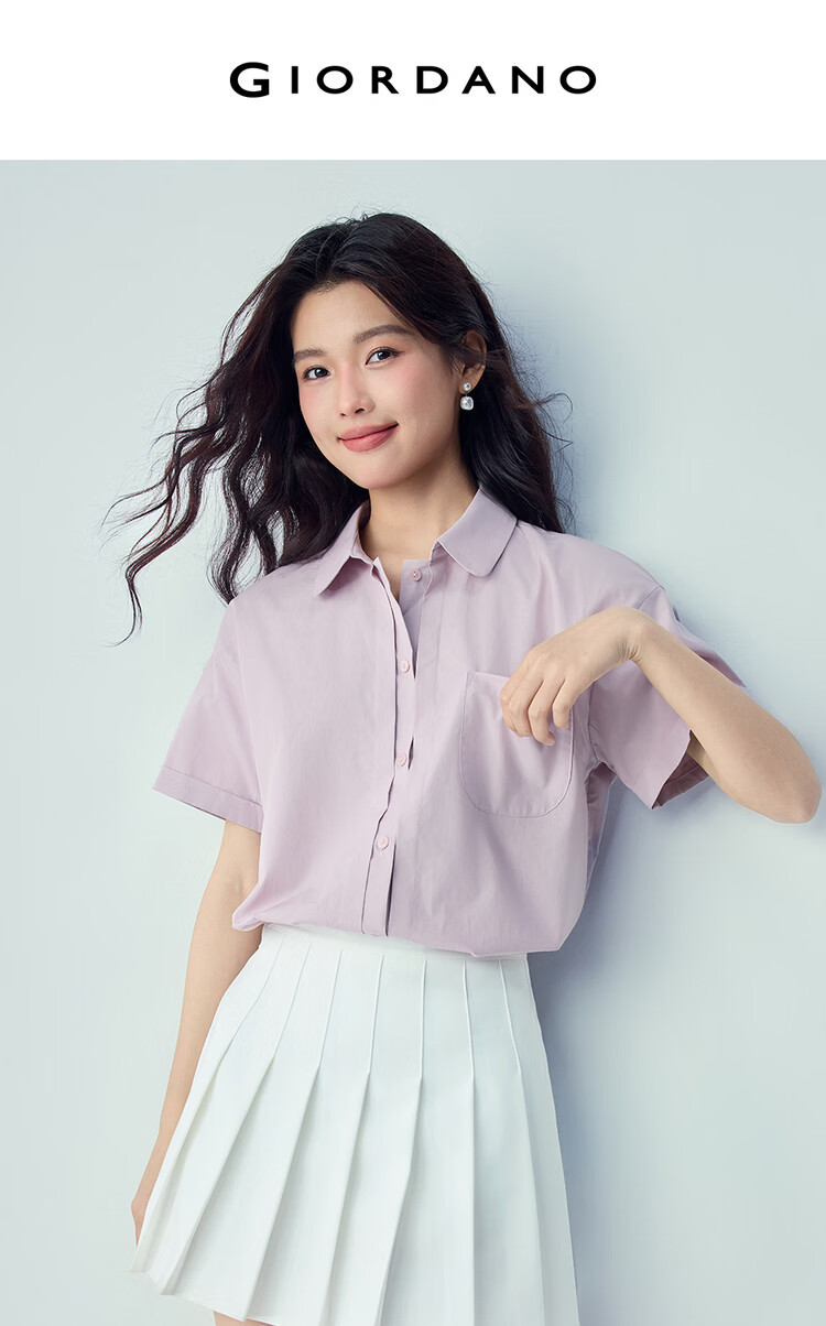 Giordano Women's Commuter Shirt 2026 Summer Pure Cotton Loose Pleated Single Pocket Short Sleeve Shirt 13346217 3