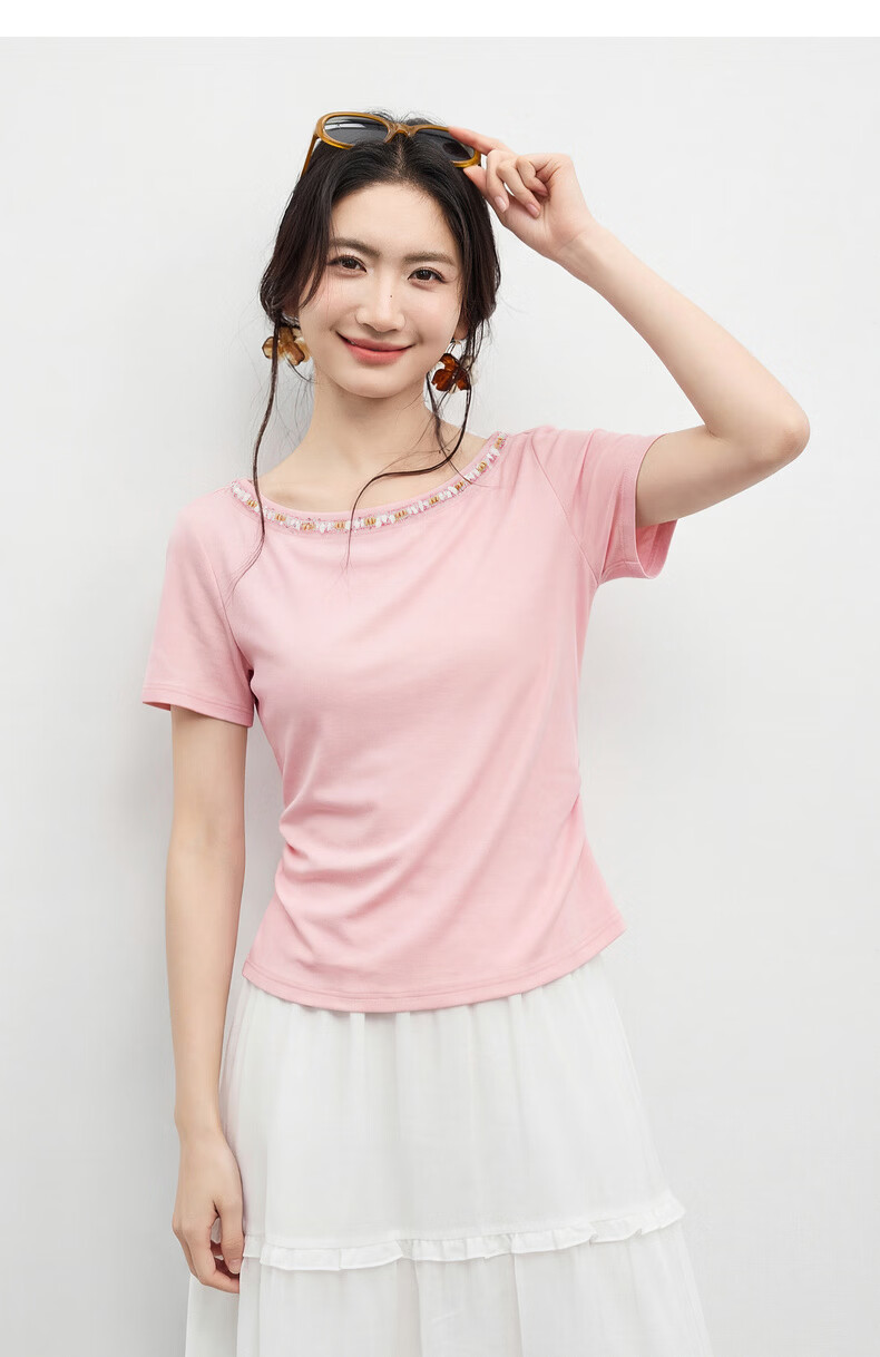 Shangdu Bila Korean Style Elegant Cotton Blend T-Shirt Women Summer Beaded Lace Round Neck Knit Top Slim Fit Short Sleeve Inner Wear 30