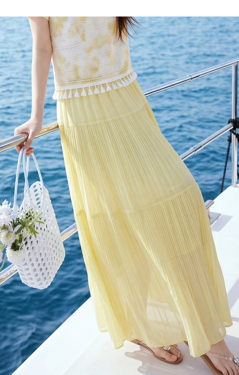 Sllsky Bohemian Chiffon Pleated Midi Skirt Women Summer Lightweight Beach Vacation A-Line Cake Skirt 30