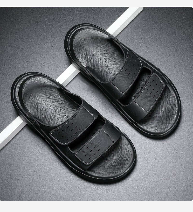 CARTELO Men's Leather Sandals 2026 New Summer Breathable Slippers High-End Soft Sole Beach Shoes K903 Black Size 40 7