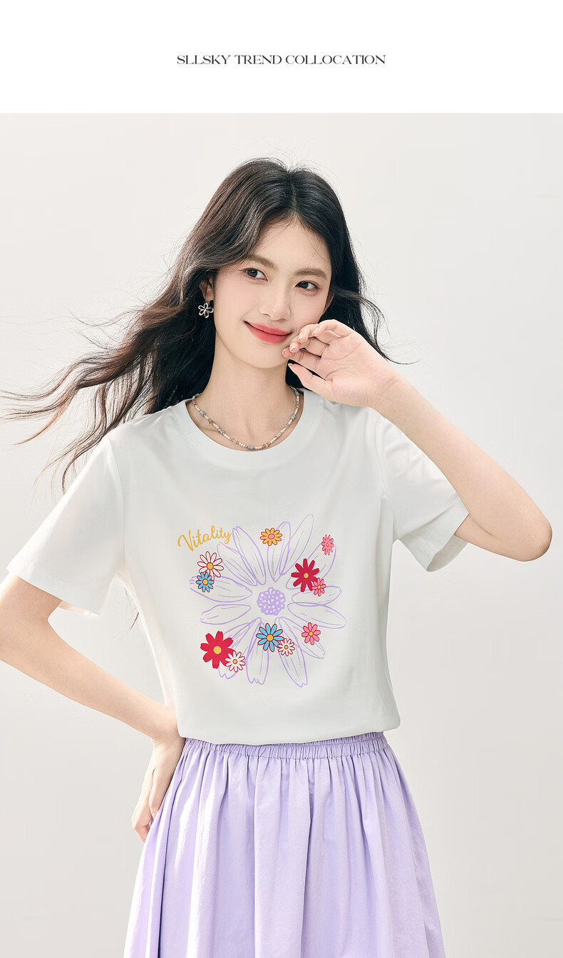 Sllsky Korean Style Floral Print Shoulder T-Shirt Women 2026 Summer New White Round Neck Short Sleeve Top 19