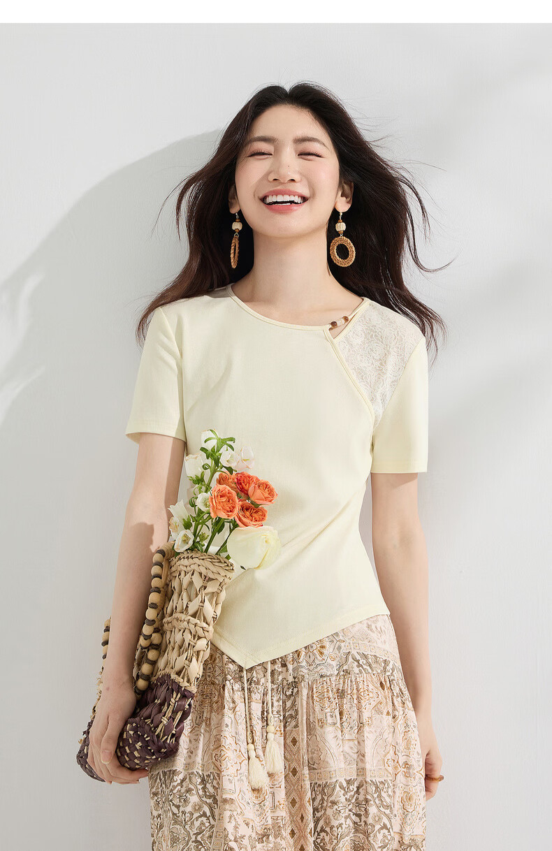 Shangdu Bila Gentle Elegant Cotton Blend T-Shirt Women Summer Beaded Round Neck Lace Splice Stretch Knit Short Sleeve Top 27