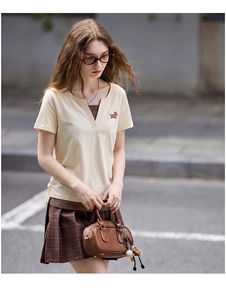 TonLion 2026 Summer Women's Color-Block Short Sleeve T-Shirt, Faux Two-Piece Spliced Casual Versatile Premium Women's Tee 13