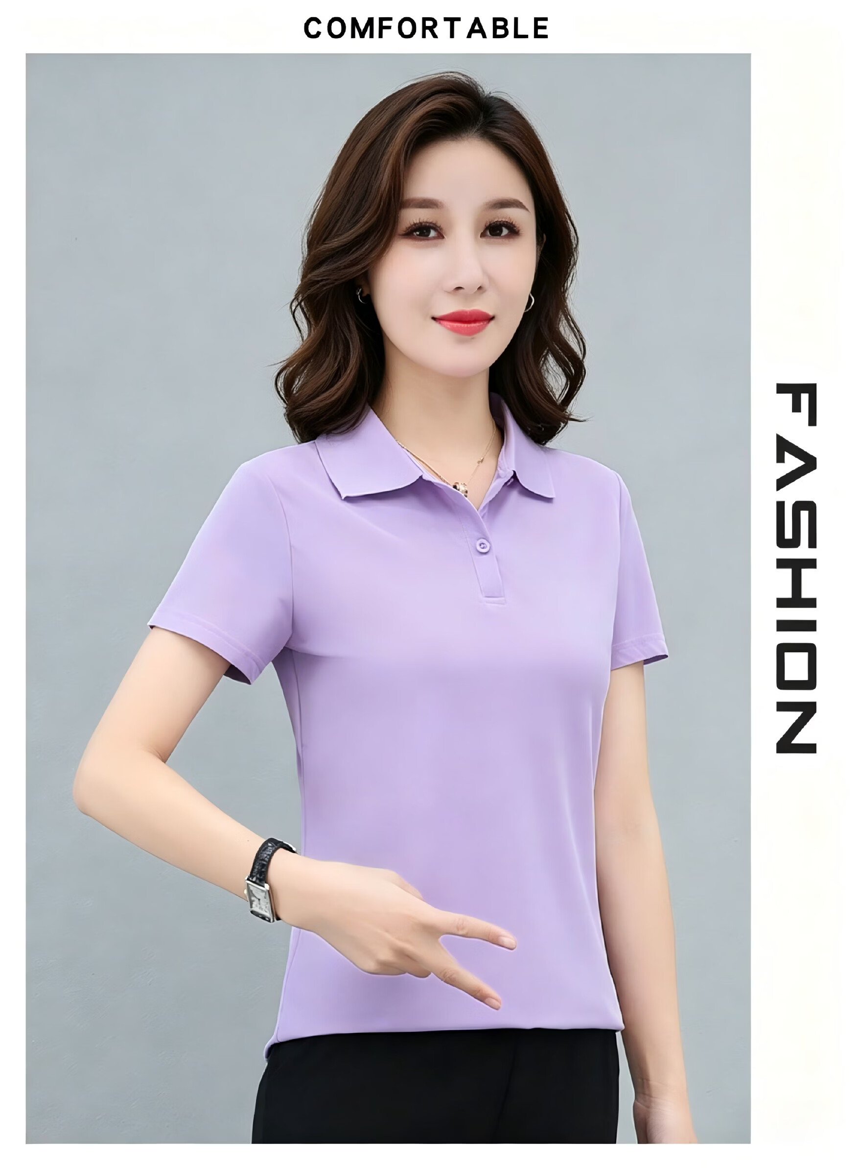 AEMAPE Ice Silk Solid Color Short Sleeve T-Shirt Women 2026 Summer New Fashionable Polo Shirt Casual Versatile Collared Top 25